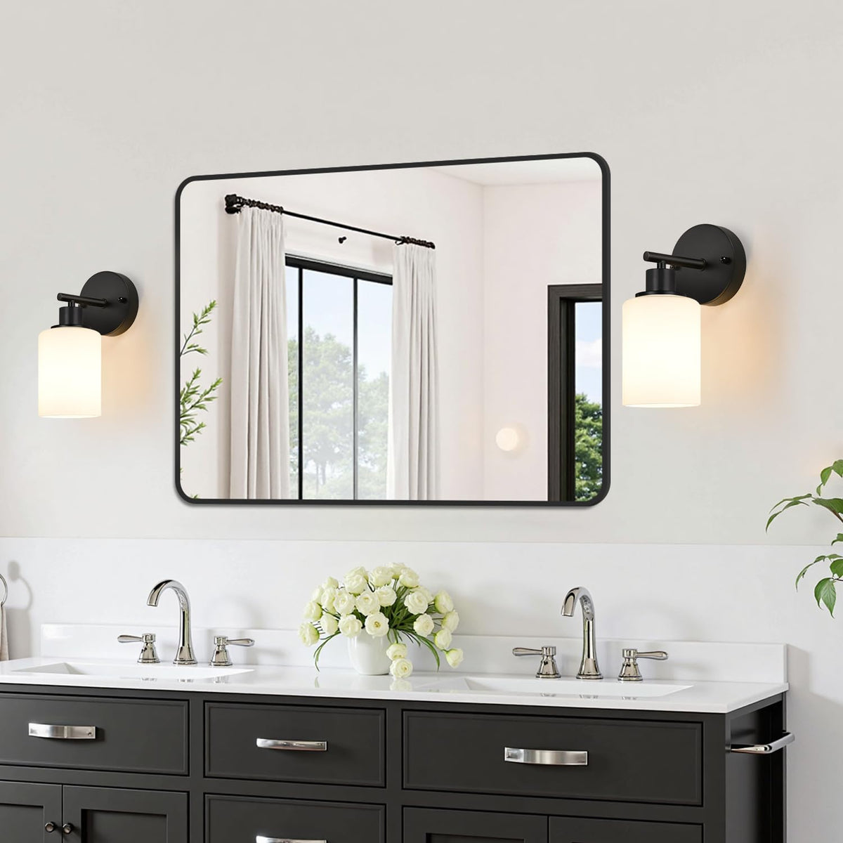 Set of 2 Wall Sconces for Bathroom (Matte Black & Milky White Glass / 1-light)