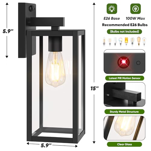 2 Pack 15” Upgraded Motion Sensor Outdoor Wall Lights (Black / 15in)