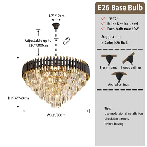 32 inch Black Gold Crystal Chandelier 6 (D32"XH19.6" Black)