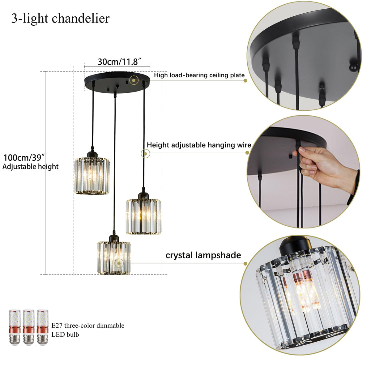 Crystal Pendant Lights Black 3 Light Cluster Ceiling (3 lights)