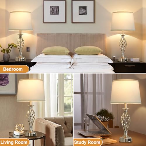 Table Lamp for Bedroom Set of 2 with USB C+A Ports (Silver Base + White Lampshade)