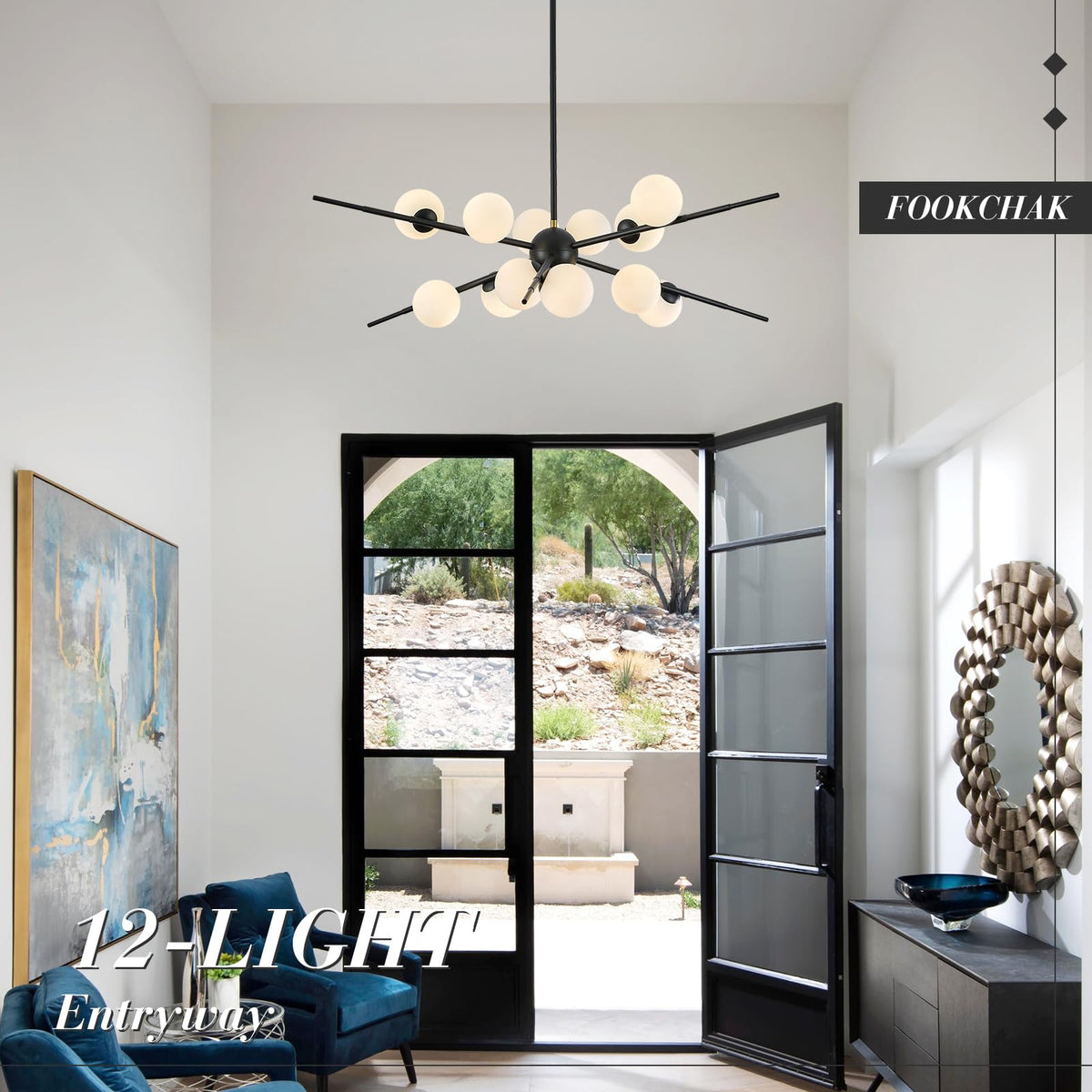 Large Black Sputnik Ceiling Light Fixture 39in 12 Light Frost Glass (Black & White / 39 inch)