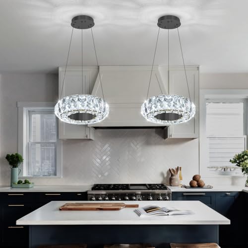 8" Ring Modern LED Dimmable Crystal Chandelier Adjustable Height Pendant Light Round Crystal Chandelier Light Fixtures for Dining Room Living Room Kitchen Island Black (Black / 1 Ring Round 8")