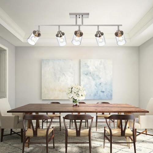 5-Light Wall/Ceiling Track Lighting Kit in Brushed Nickel Semi Flush Mount Ceiling Light with 5 Rotatable Light Heads Modern Vanity Lights for Bathroom, Clear Glass Shade (Brushed Nickel / 5-Light)