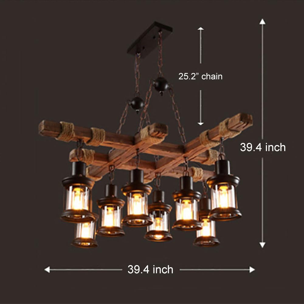8 Lights Industrial Retro Wooden Chandelier Pendant Light Island Hanging Ceiling Fixture Vintage Farmhouse Wood Light Adjustable Chain for Home Cafe Bar Restaurant (39.4 inch)