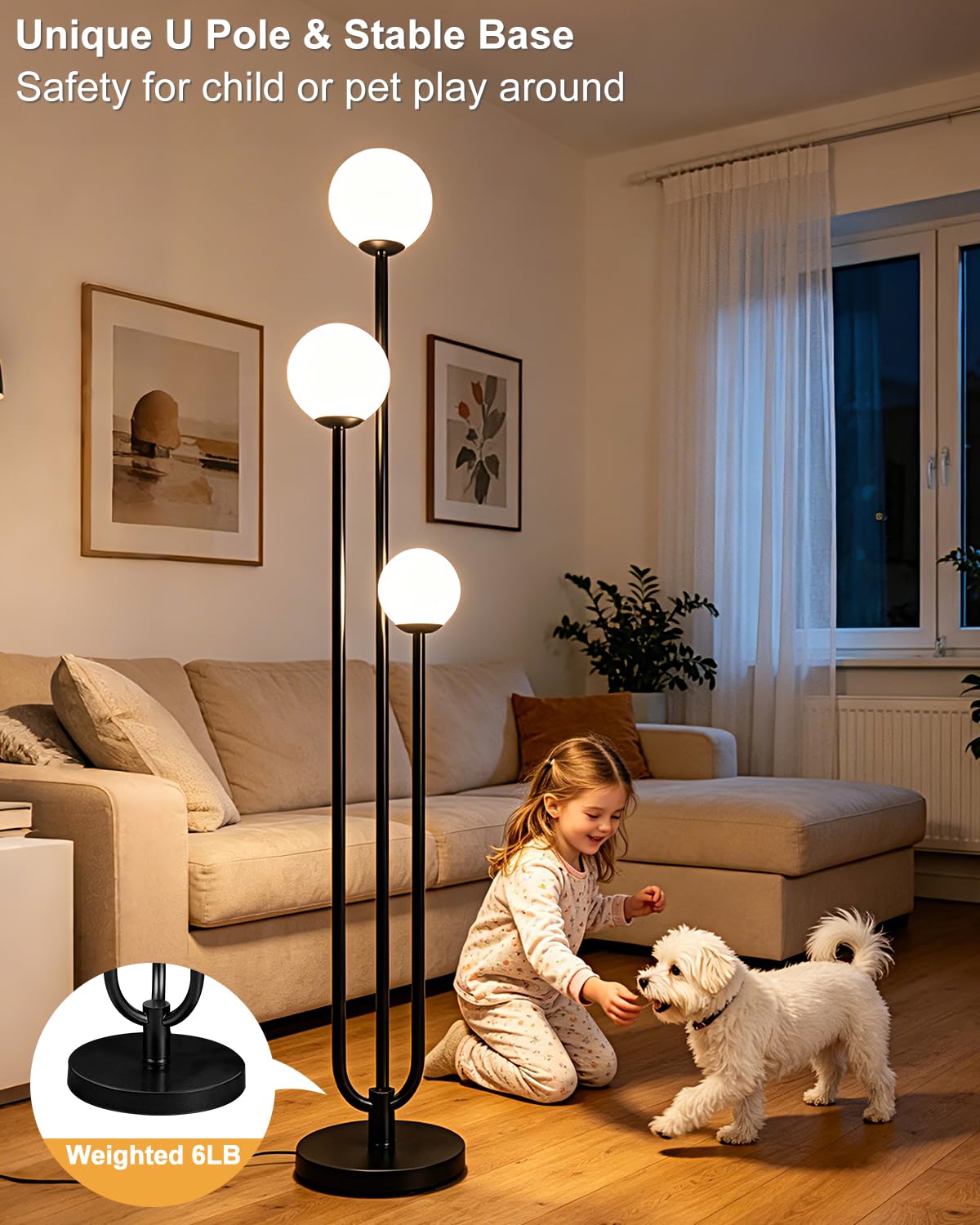 63IN 3 Light Dimmable Globe Floor Lamp Unique Black Tall Lamps (Black-3U)
