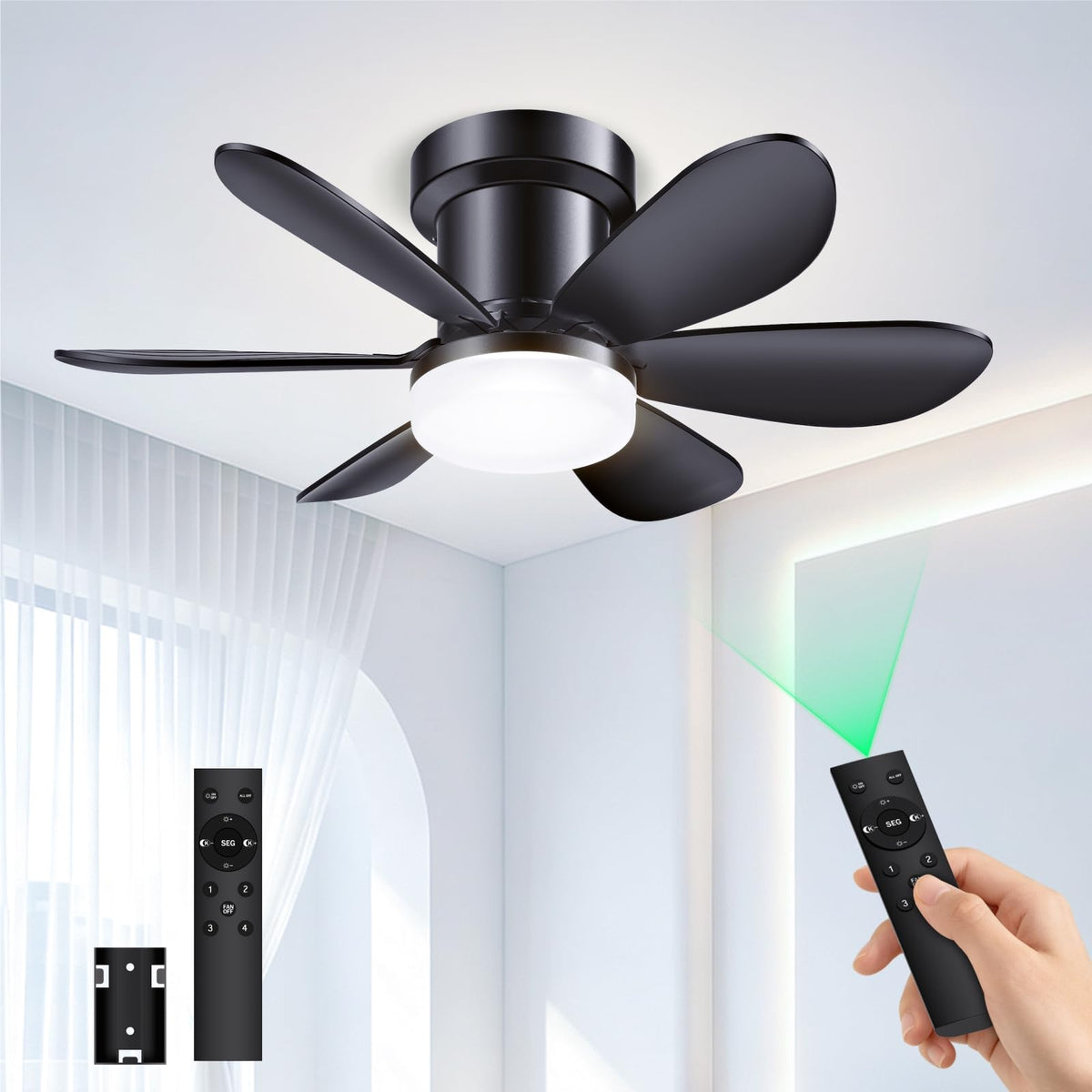 20 Inch Black Low Profile Ceiling Fans with Lights and Remote (Black / 20 Inch)