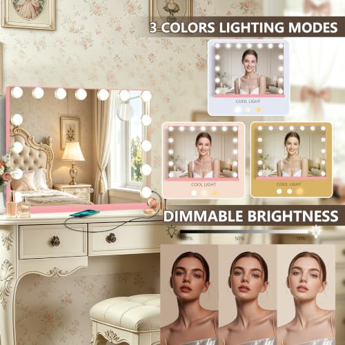 Pink Hollywood Vanity Mirror with Lights (Pink / 23"L x 18"W)