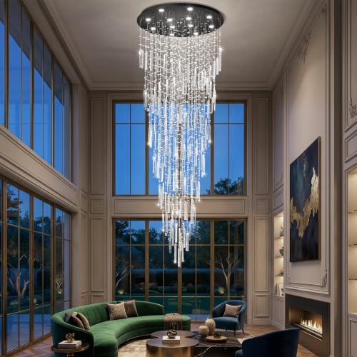 D32'' x H100'' Modern Crystal Chandelier High Ceiling Chandeliers for Entryway Glam Chandelier Large Raindrop Chandeliers LED Dimmable Light Fixtures for Staircaes Foyer Hallway Living Room Black (D32" x H100" Black)