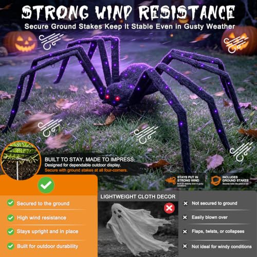 Halloween Decorations Outdoor Giant Spider Light Up Spider 4.3Ft Lighted Large Spider with 6 Modes and 100 LED Purple Lights