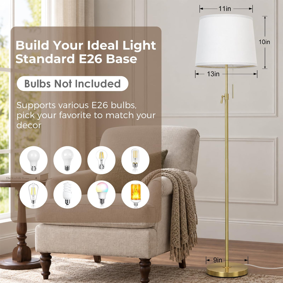 52" 63" Gold Adjustable Floor Lamp (Gold+White Linen Shade)
