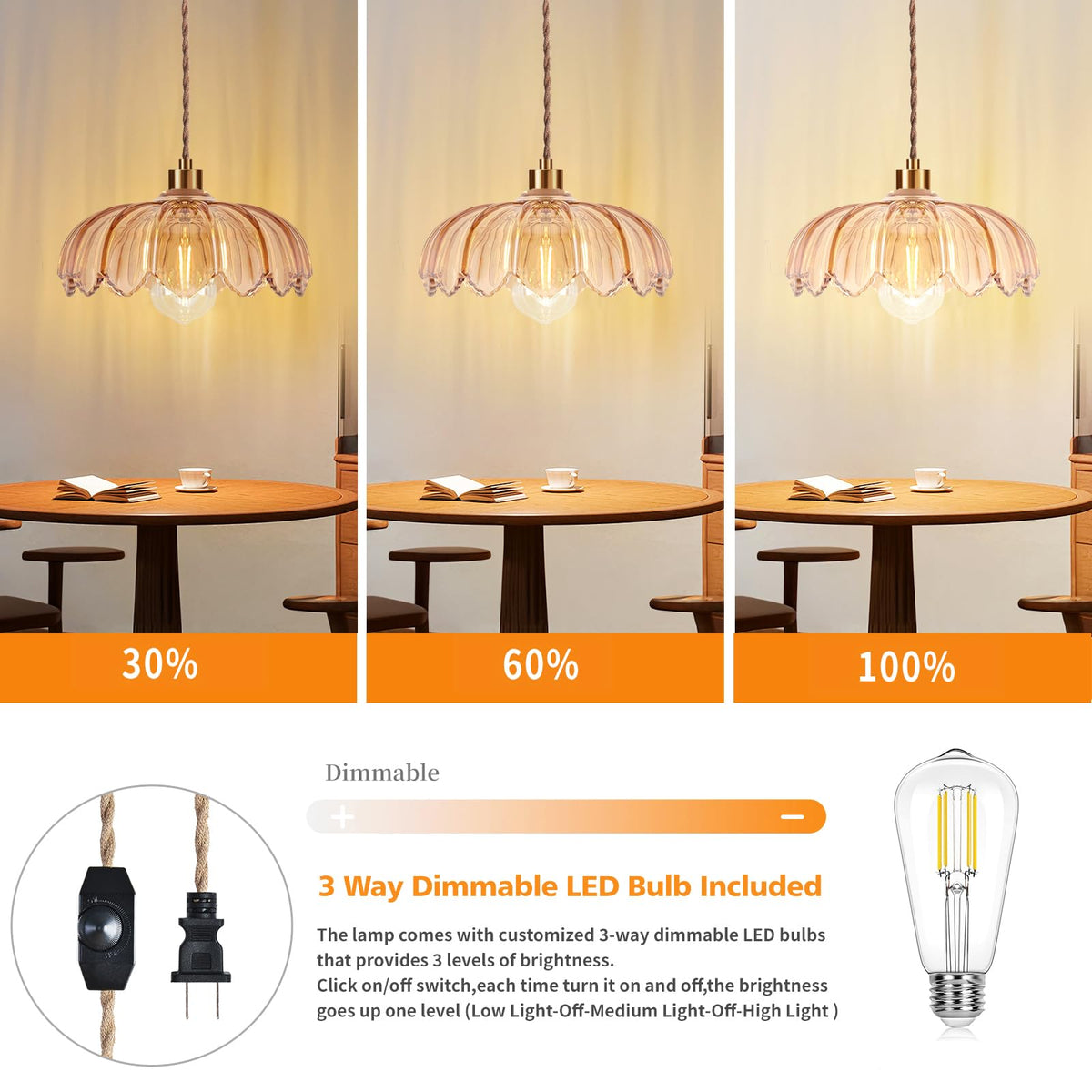 Plug in Pendant Light Hanging Lights with in Cord Mid Century Modern Gold Hanging Lamp Flower Glass Amber Vintage Dimmable Chandelier Ceiling Fixture for Living Room (Pendant Light-11)