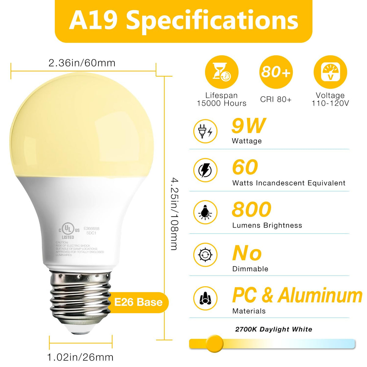 6 Pack A19 LED Bulbs (Soft White 2700k / 6 Counts)