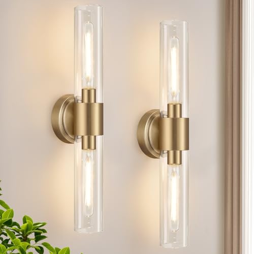 Wall Sconces Set of Two (Brass & Clear Glass / Hardwired-22 Inch-2PC)