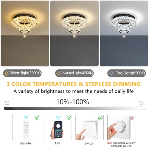 Crystal Chandelier Modern Dimmable LED Crystal Ceiling Light Ring Flush Mount Ceiling Light Fixtures with Remote Control for Living Room Dining Room Bedroom Entryway