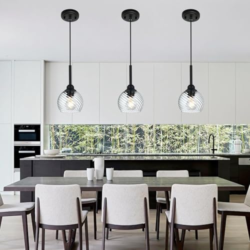 3 Pack Dining Room Light Fixtures Hanging with Clear Striped Swirl Globe Glass (Transparent / 1-Light-3 Packs)