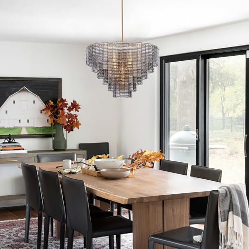 Dia 32.5 Inches Large Modern Smoke Gray Glass Chandelier Brass Finish (Smoke Gray Glass)