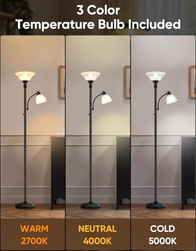 Torchiere Floor Lamp for Living Room with Reading Light (Black)