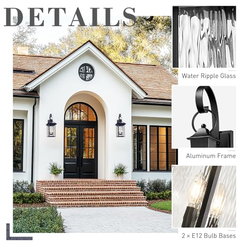 2 Light Porch Wall Mount Light (Black - Water Ripple Glass / 25.2 Inch - No Function)