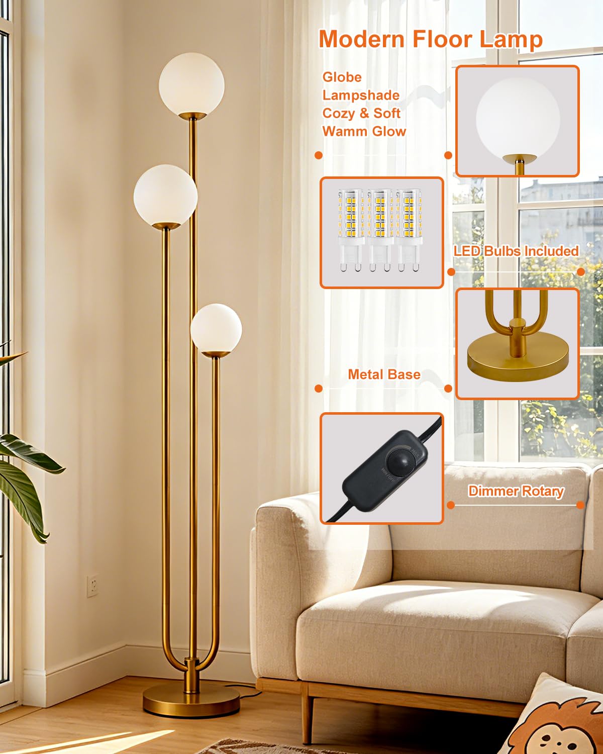 3 Light Dimmable Globe Floor Lamp (Gold-3U)