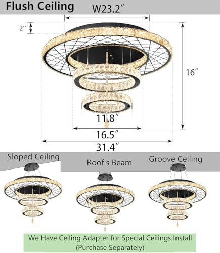 Crystal Glam Chandelier LED Ceiling Light Living Room Lighting Fixtures Remote Dimmable Ceiling Chandeliers 32 Inches Light Black Lamp (32 inch / Black)