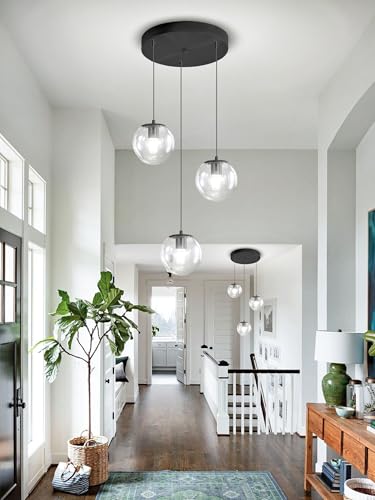 3 Light Small Chandelier LED Modern Glass Globe Pendant Light Chandeliers for Entryway Lighting Fixture Bedroom and Dining Room (Black-Clear / Globe 3-Light)