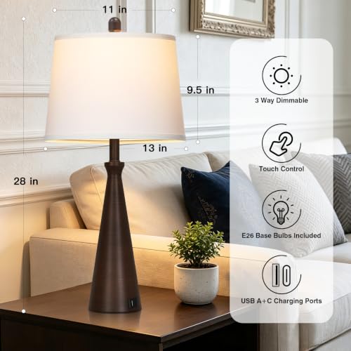 28" Modern Metal Table Lamp Set of 2 for Living Room Bedroom (D Brown)
