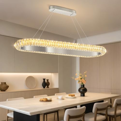 40'' Oval Ring Crystal Chandelier Modern LED Dimmable Ring Pendant Light Chandelier for Dining Room Living Room Silver (Silver / 1 Ring Oval 40")