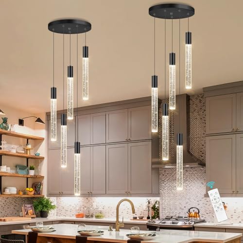 5 Lights Chandelier Modern Crystal Glam Light Remote Dimmable Pendant Lighting for Kitchen Island Dining Room Matte Black Light (5 lights / Black)