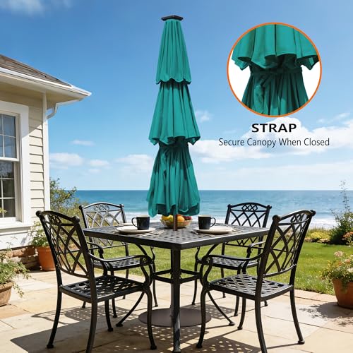 USA 10-Year-Non-Fading 10ft 3-Tier Market Patio Umbrella, Commercial Table Umbrella with 80 Solar LED Lights, Crank Open, Windproof & UPF 50+ UV Protection for Garden, Deck, Pool, Backyard, No Tilt, Teal (Teal / 10FT(Triple Vents No Tilt))