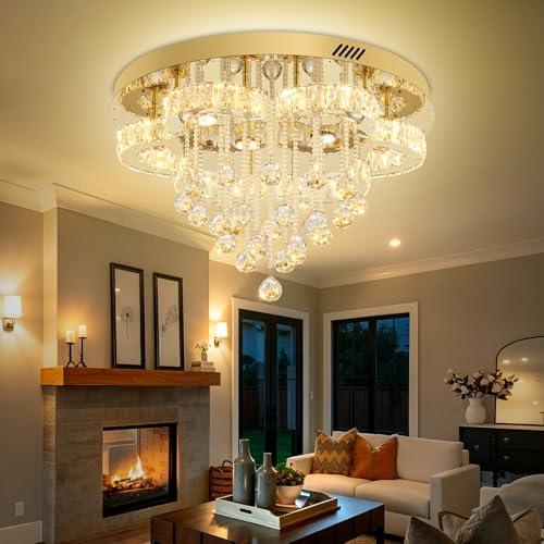 24in Modern Gold Crystal Chandelier for Dining Room Living Room Flush Mount Ceiling Chandeliers for Enrance LED Dimming 2700k 4500k 6000k (Gold / 24inch)