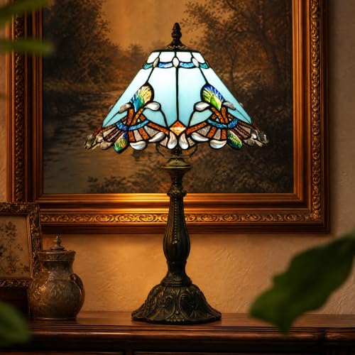 Tiffany Table Lamp Stained Glass Bedside Reading Light W12H19 inch (Sapphire Baroque Style)