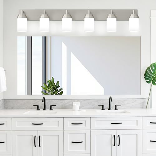 Bathroom Light Fixtures (Nickel-White Shade / 6-Light)