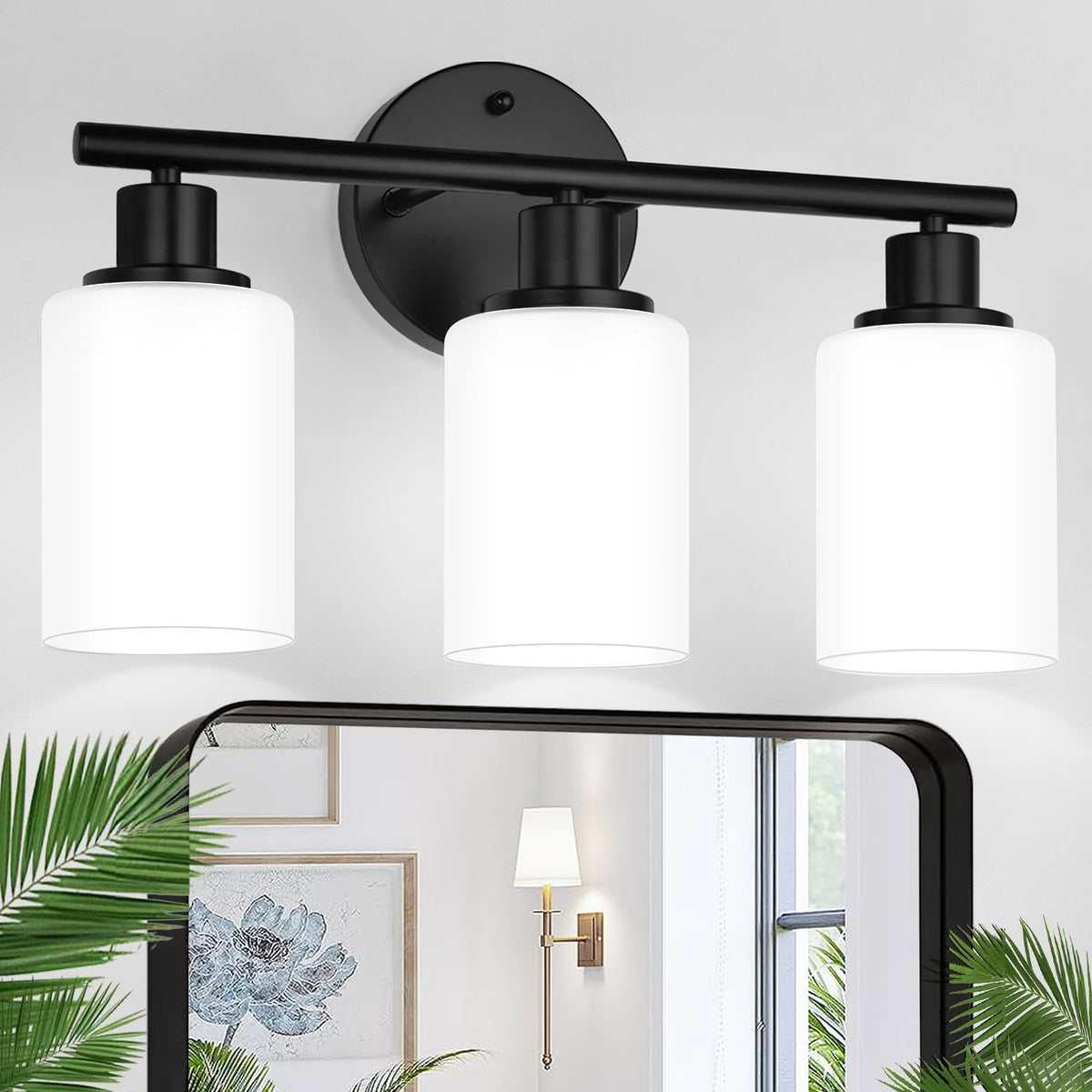 3 Light Bathroom Light Fixtures (Matte Black & Milky White Glass / 3-light)