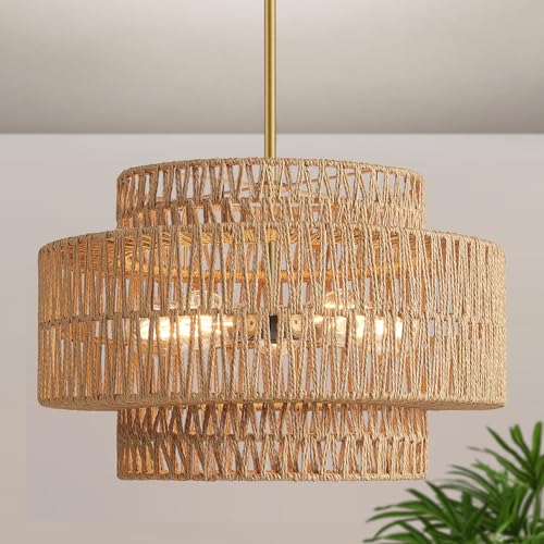19" Boho Rattan Chandelier for Dining Room Light Fixture (Country / 5-Light)