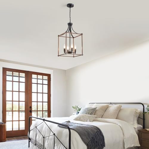 Modern Farmhouse Chandeliers for Dining Room (Lantern-Black Wood Grain)
