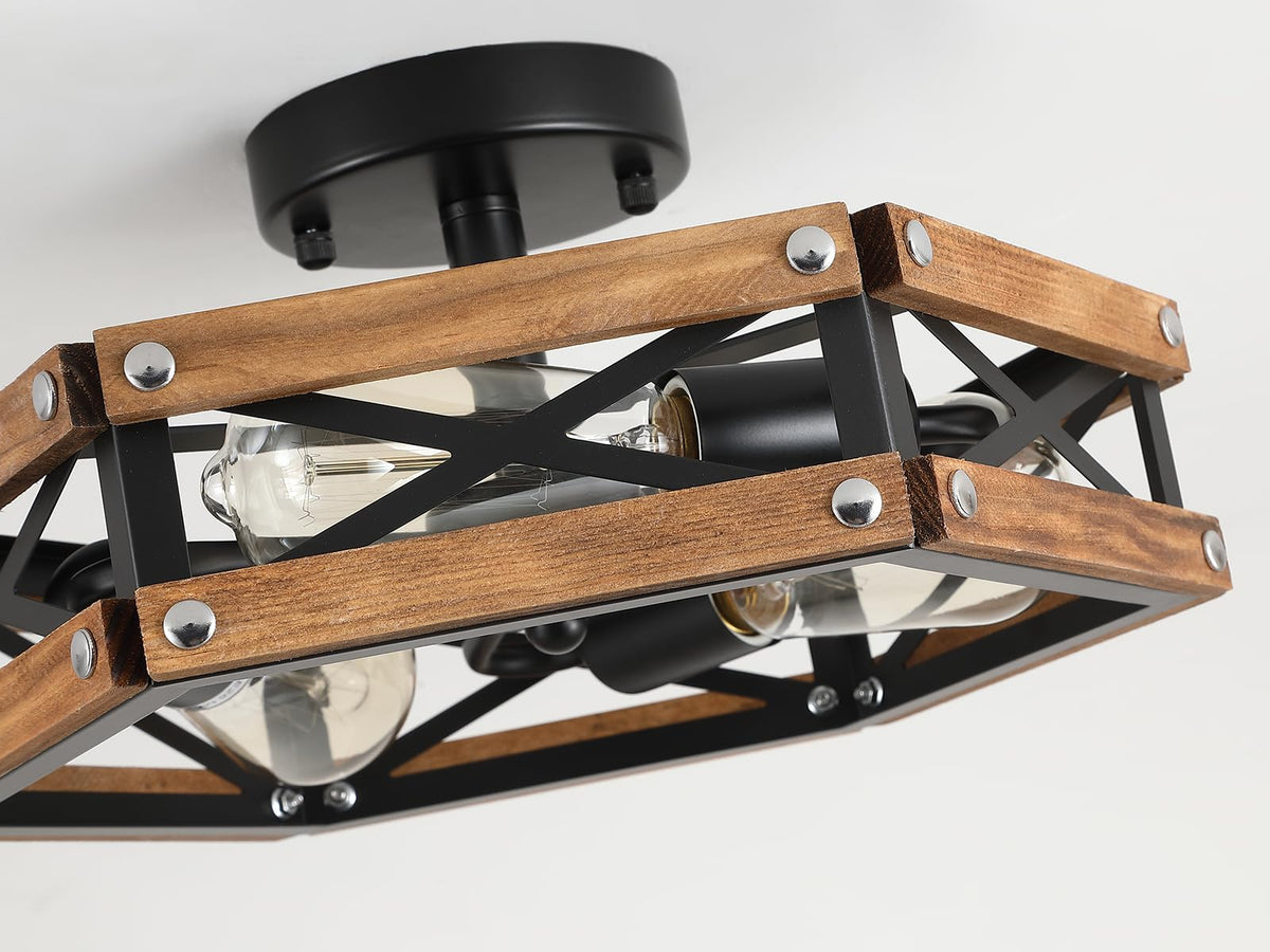 2 Pack 3 Light Rustic Farmhouse Wood Flush Mount Ceiling Light Fixture Oak Wood and Metal Cage Semi Flush Mount Ceiling Light for Hallway Hall Entry Bedroom Kitchen Farmhouse (Oak and black 2 pack)