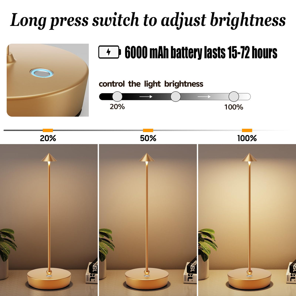 Rechargeable Cordless Table Lamp (Gold)