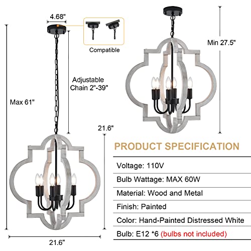 6 Light 21" Farmhouse Orb Chandelier Rustic Handmade Distressed White Wood Hanging Ceiling Pendant Light Fixture Wood Lantern Chandeliers for Dining Room Kitchen Bedroom Foyer Hallway (Textured-White / D21" x H21" 6-Light)