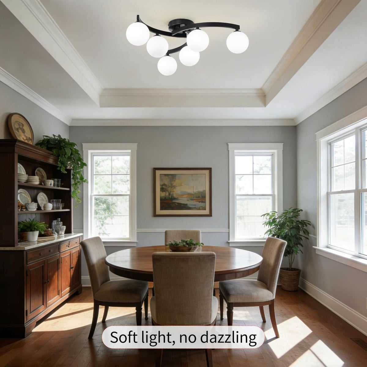 Modern Mid Century Black Glass Globe Semi Flush Mount Ceiling Light Fixture (6 Light)