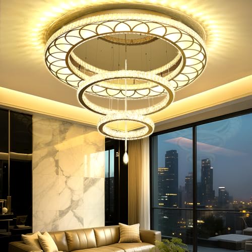Dia 32" Modern Crystal Chandeliers Dimmable Round Chandelier 3 Rings Flush Mount Crystal Ceiling Light for Living Room Dining Room Bedroom Gold (Gold / W:32inches)