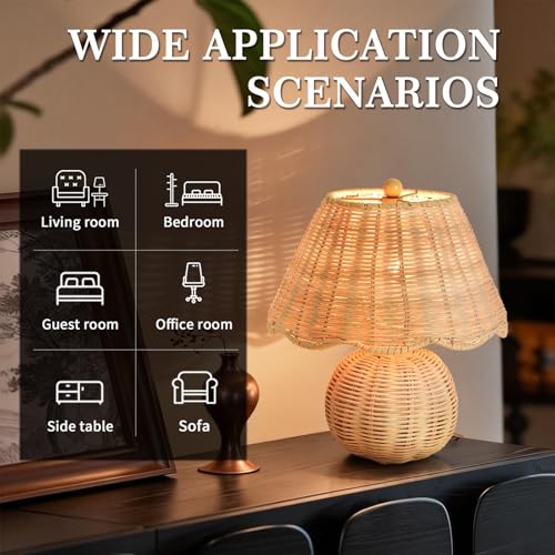 Rattan Small Bedside Mini Table Lamp for Bedroom (Rattan / On/Off Switch)