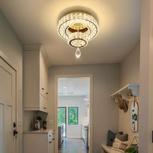 Modern Glam Ceiling Chandelier Bedroom Light Fixtures Crystal Flat Sloping Ceiling Lights for Hallway Kitchen Dining Room Dimmable Light with Remote Gold (12 inch / Gold)