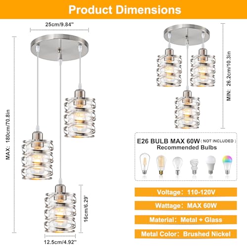 Brushed Nickel 3 Lights Cluster Pendant Light for Kitchen Island (Brushed Nickel Clear Glass / 3 Light)