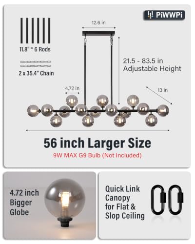 Modern Chandeliers for Dining Room Kitchen Island (Black (with Somke Grey Lampshade) / 55 Inch)