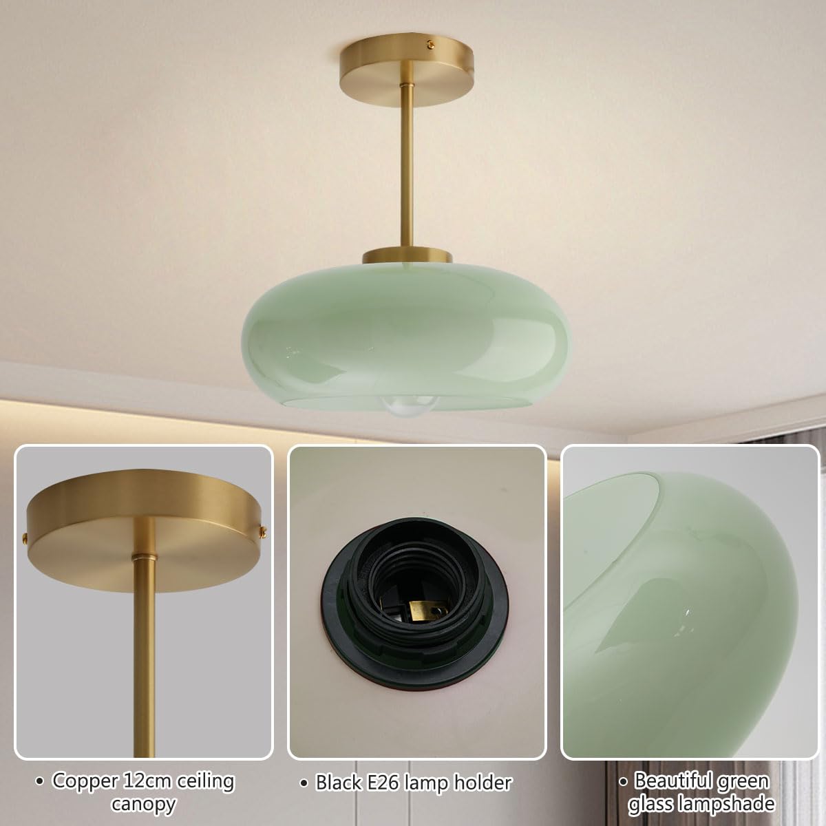 Milk Glass Ceiling Light Semi Flush Mount Ceiling Lights fixtures with Milk Green Glass Shade Mid Century Modern Flush Mount Lighting Gold Brass Close to Lamp for Hallway Kitchen Sink (Milk Green 2)