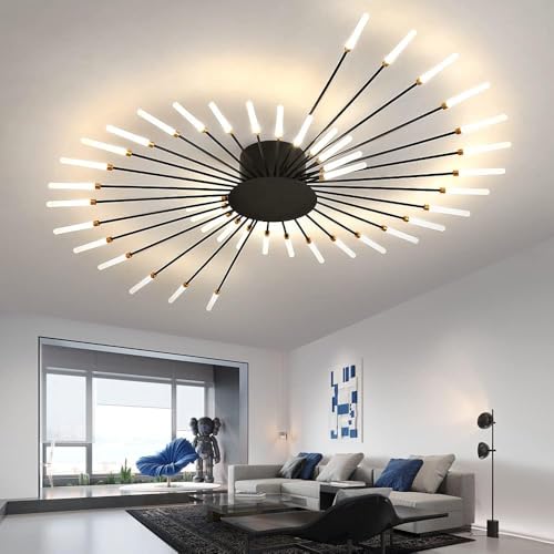 50.4“ Ceiling Light Modern Flower Shape Ceiling Lamp for Living Room Dining Room Semi Flush Mount Metal Acrylic Sputnik Firework Petal LED Lighting Fixture (Matte Black / 50.4in)