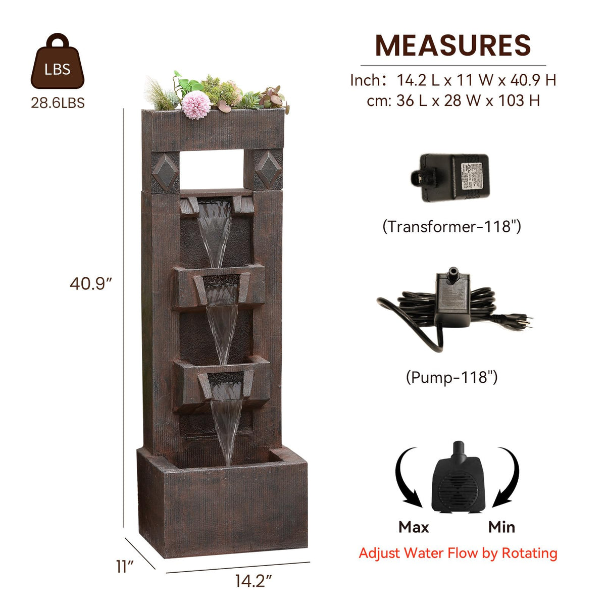 40.9 in Modern Outdoor Water Fountain (Brown)