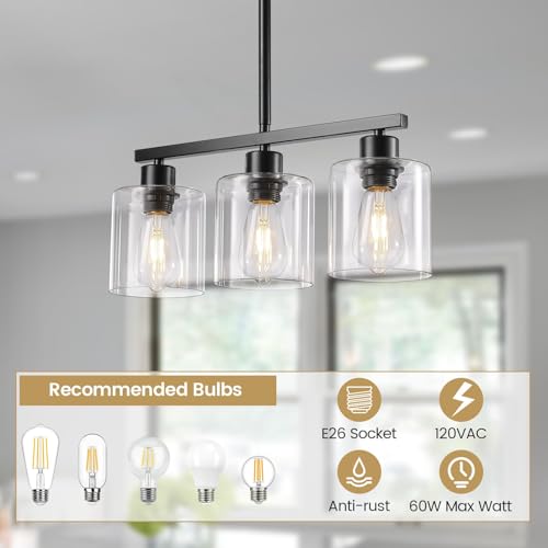 Black 3 Light Kitchen Island Lighting (Black & Clear Glass / 3 Light)