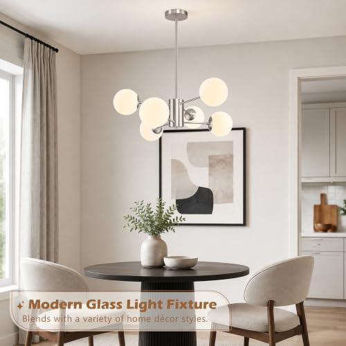 6-Light Mid-Century Modern Nickel Sputnik Chandeliers Dining Room (Milk, Nickel, M)